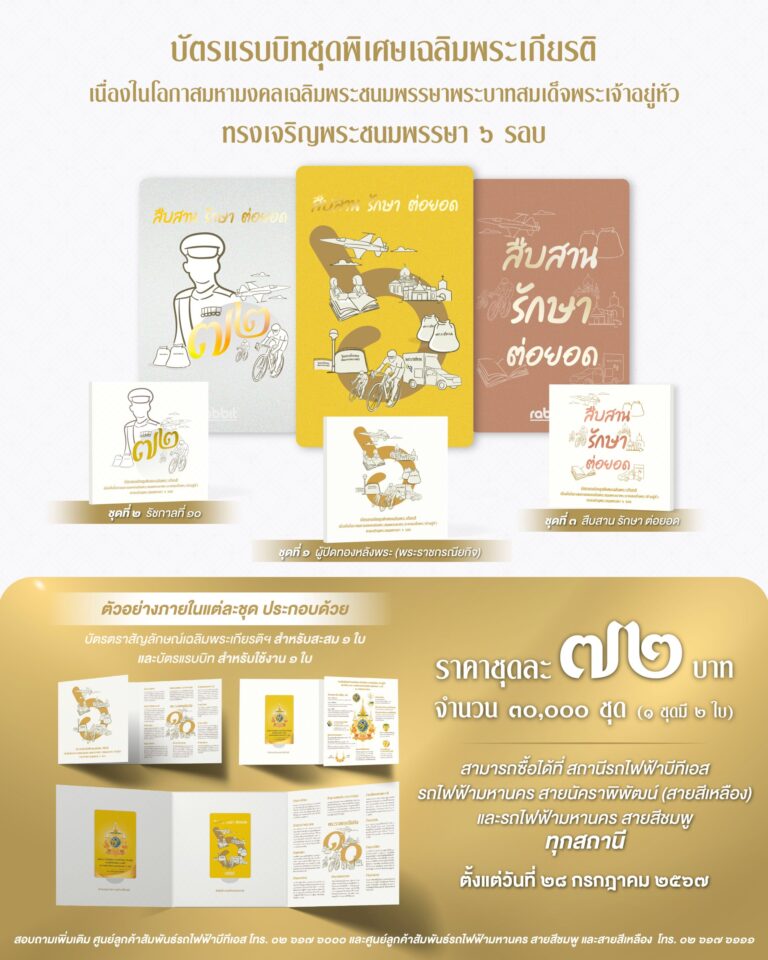 “บีทีเอส” เปิดจำหน่ายบัตรแรบบิทที่ระลึกชุดเฉลิมพระเกียรติพระบาทสมเด็จพระเจ้าอยู่หัว 28 ก.ค.นี้เป็นต้นไป