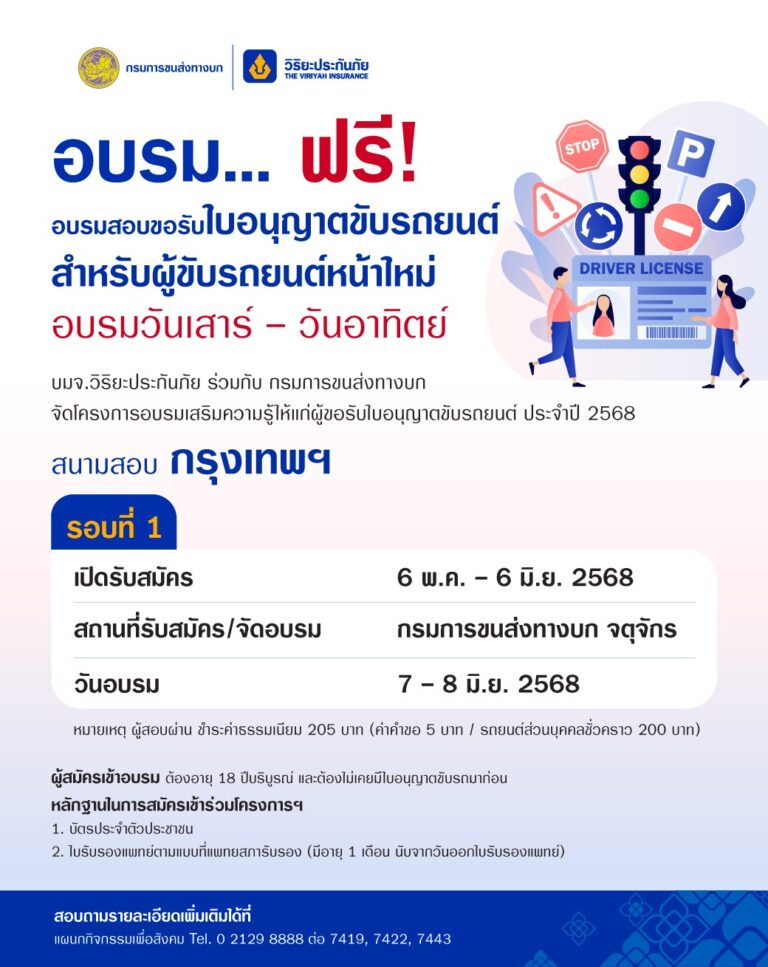 “วิริยะประกันภัย” เปิดรับสมัคร “อบรมใบขับขี่รุ่นที่ 379” พร้อมสอบ – รับใบอนุญาตทันที !