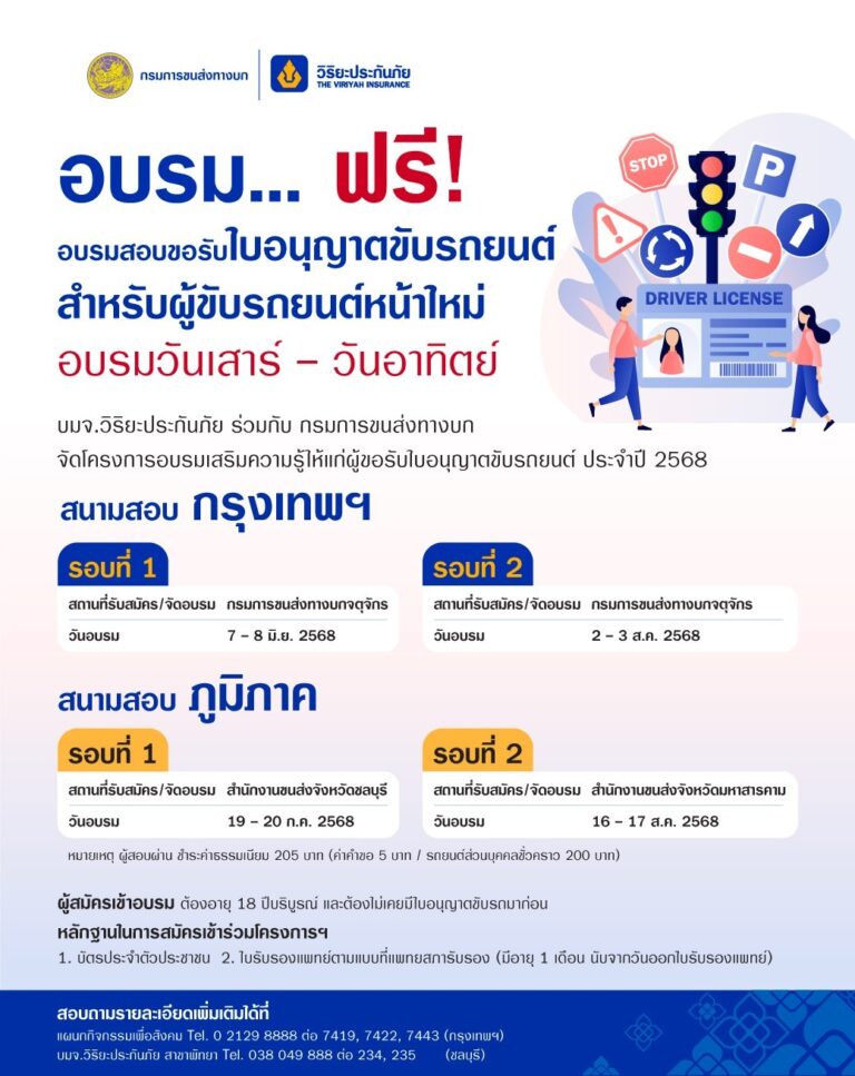 “วิริยะประกันภัย-กรมการขนส่งทางบก” จัดอบรมใบขับขี่ ประจำปี 2568 เปิดอบรม 4 รุ่น ทั้งส่วนกลางและภูมิภาค “กรุงเทพฯ – ชลบุรี – มหาสารคาม”