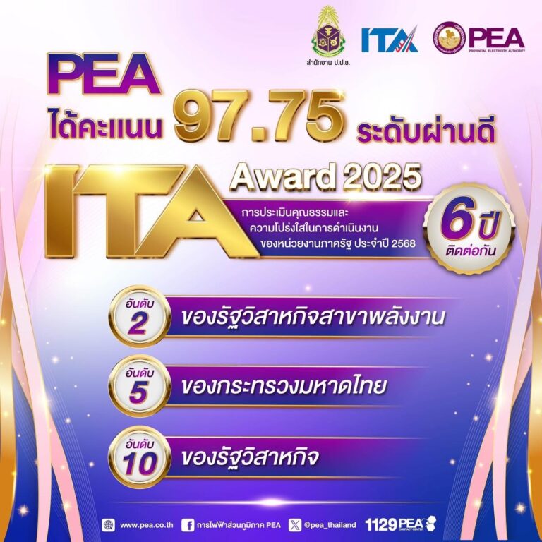 PEA ได้รับผลประเมิน ITA 97.75 มากกว่า 95 คะแนน 6 ปีติดต่อกันเป็นองค์มีคุณธรรม-โปร่งใส