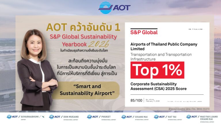 AOT ได้รับการประเมินระดับสูงสุด Top 1% ใน S&P Global Sustainability Yearbook 2026
