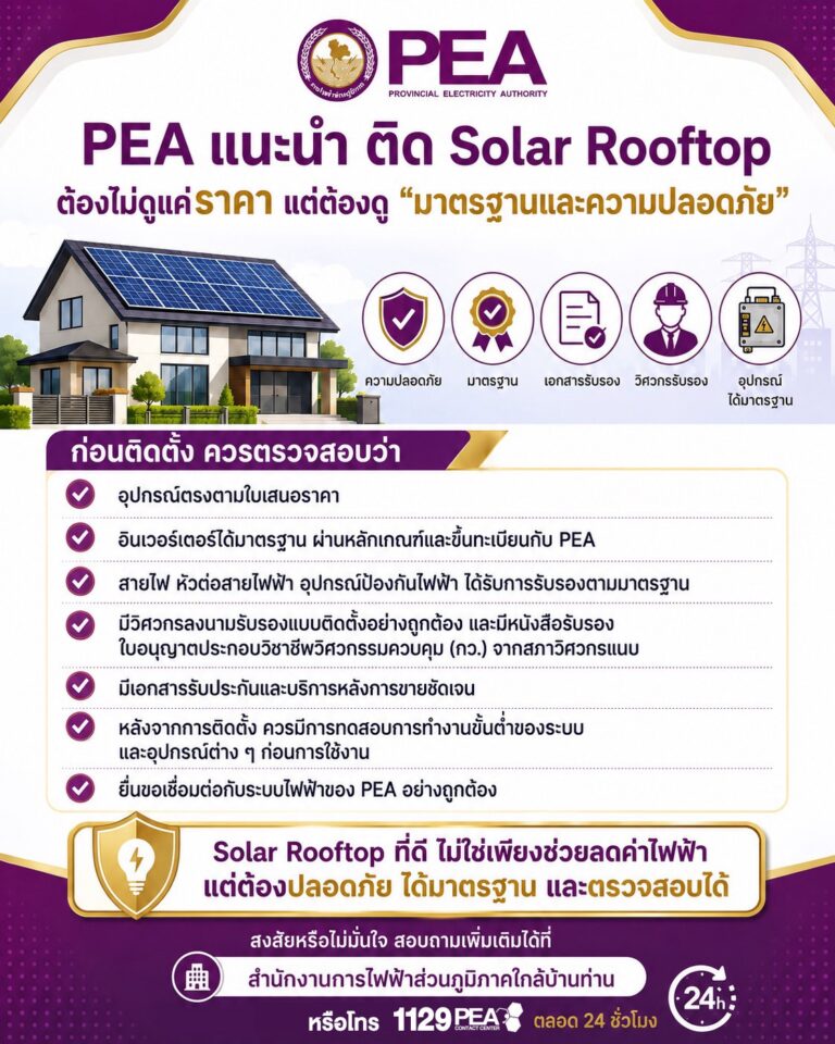 PEA แนะนำประชาชนติด Solar Rooftop ต้องไม่มองแค่ราคา แต่ต้องดู “มาตรฐานและความปลอดภัย”