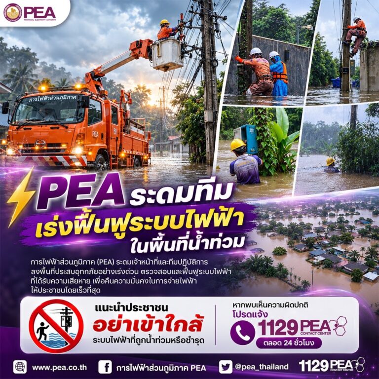 PEA ระดมกำลังเร่งกู้ระบบไฟฟ้า พื้นที่น้ำท่วม เดินหน้าคืนไฟให้ประชาชน